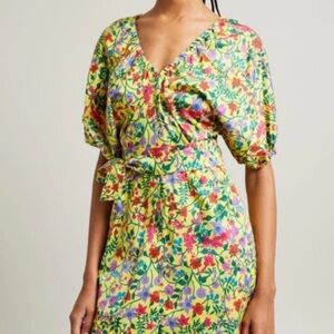 Max Mara Weekend Curvone Cotton Yellow Floral VNeck Belted Dress Size 4 NWT $485